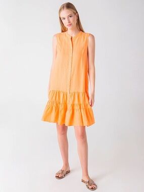 Joie Alaga Front Button Linen Dress Women's XS Orange Drop Waist Ruffled Hem